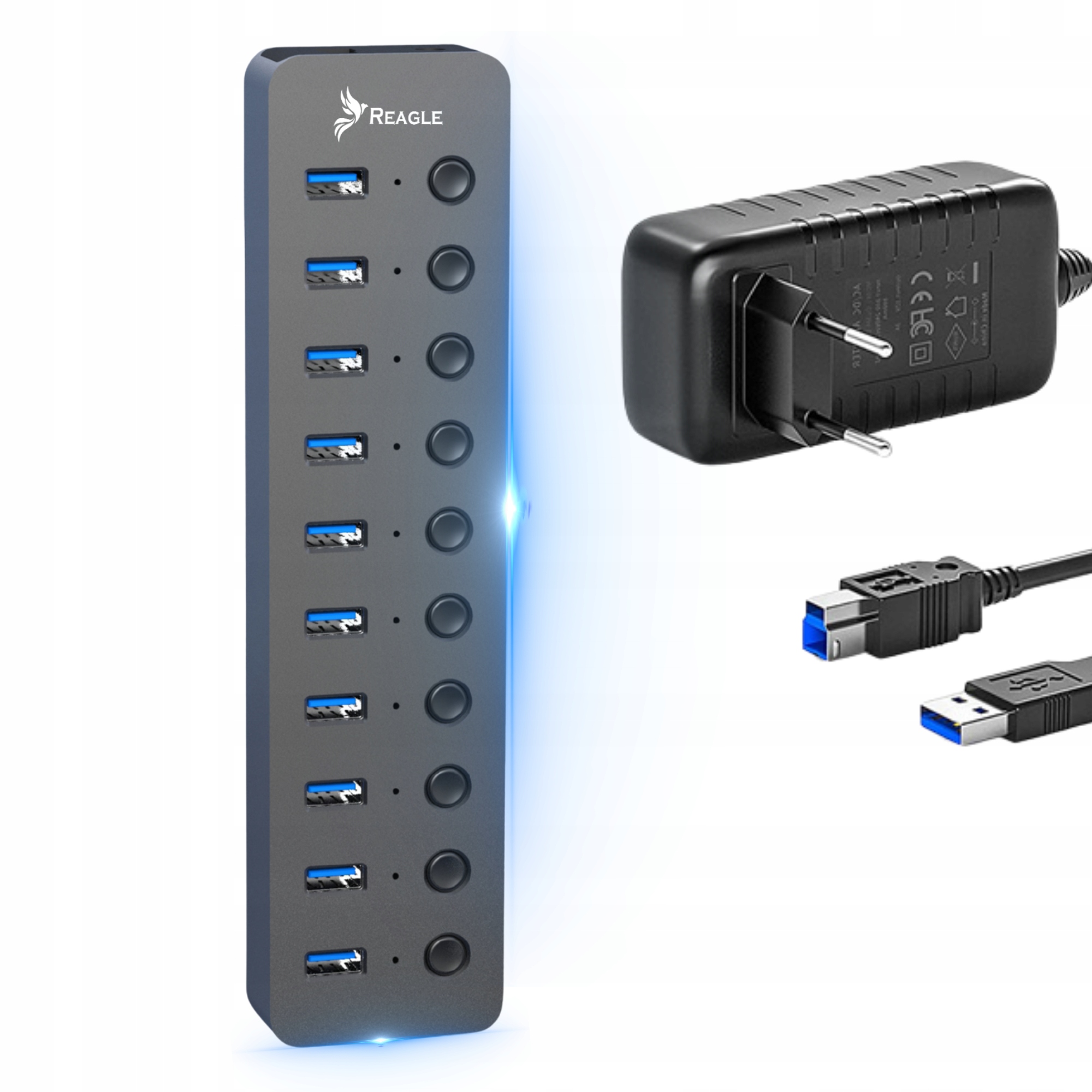 Reagle Hub Usb 3.1 Pro Aktivní 10 Portů Usb-a Napájecí Adaptér 36W