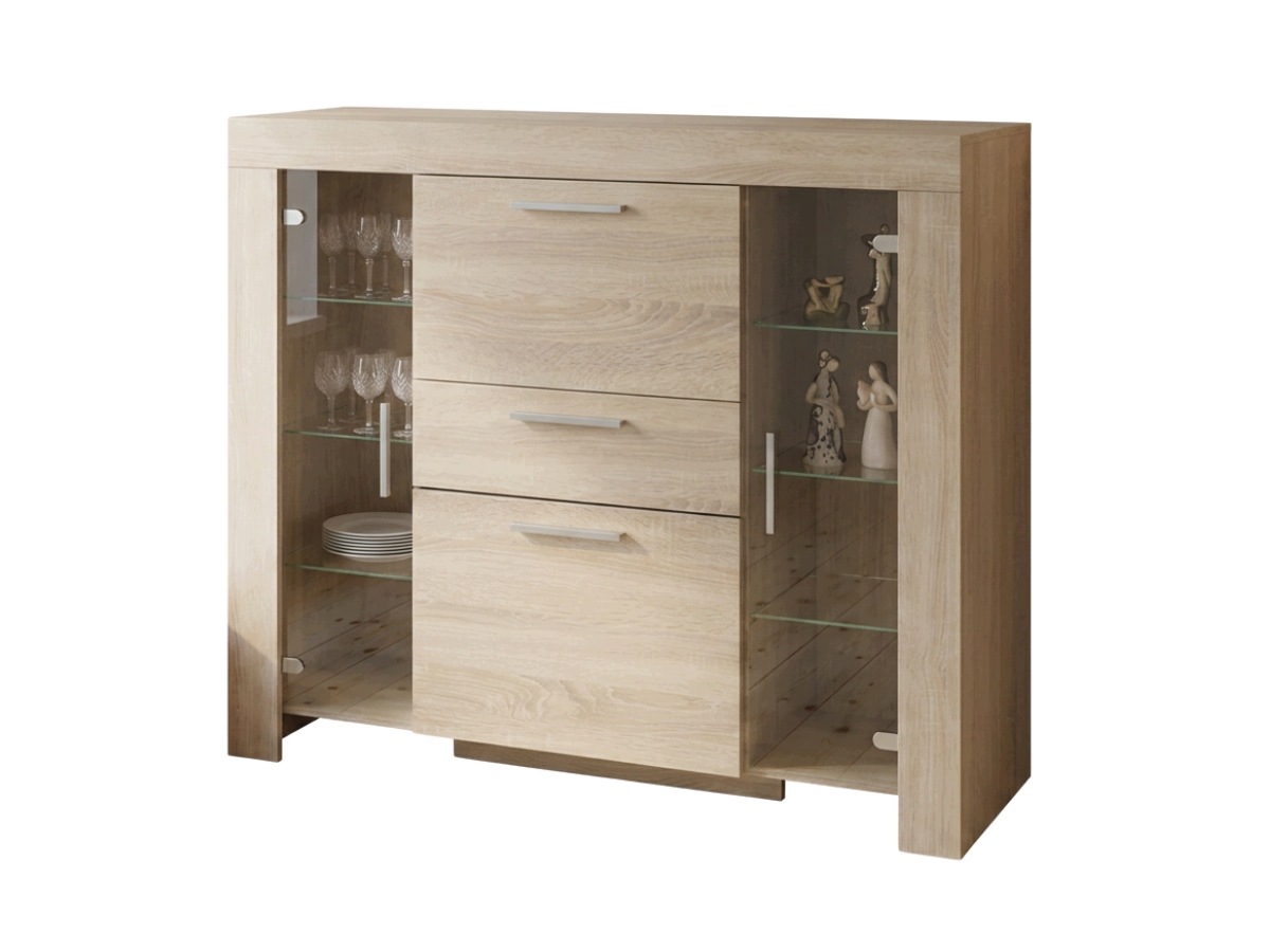 Komoda vitrína prosklená 130 cm dub sonoma nábytkový systém Yang JCR07 O-sofa