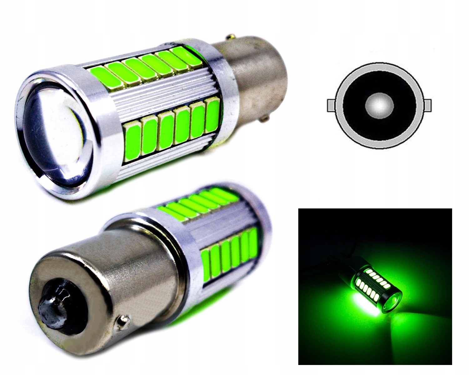 Żarówka Led P21W BA15S 1156 12V-24V Zielona Stopu Kierunkowskaz Usa 180