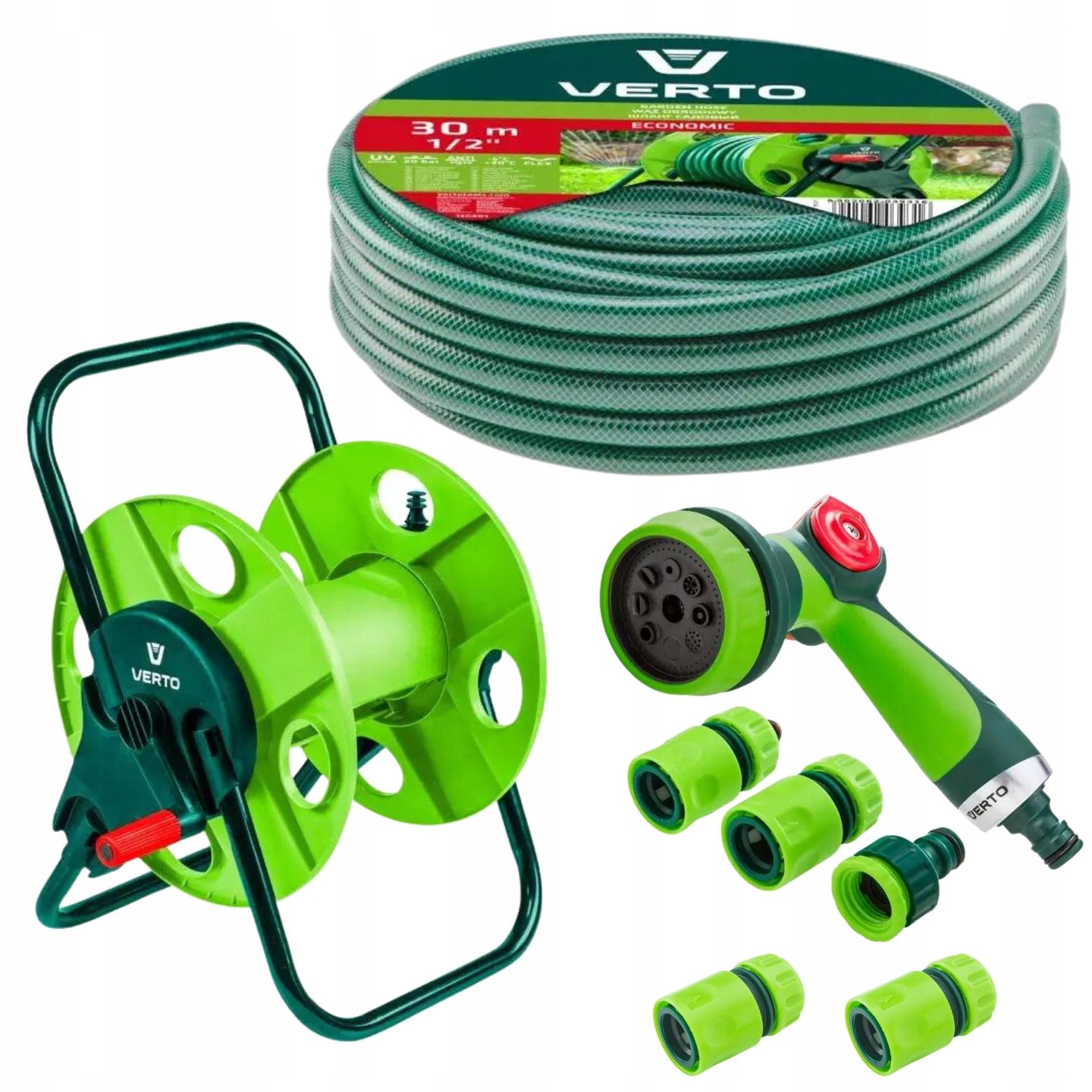 Verto Zestaw do Nawadniania Bęben Wąż Ogrodowy 30m 1/2" Zraszacz Złączki