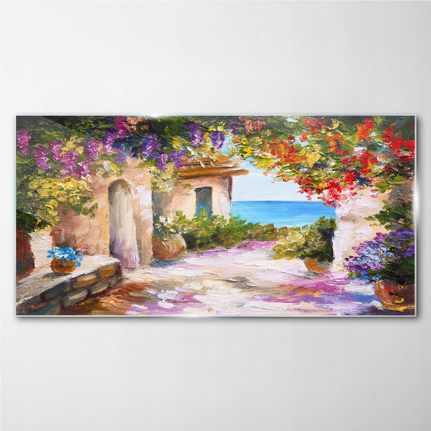 

Obraz szklany Kwiaty domy pejzaż morski 140x70 cm