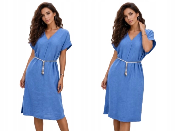 Sukienka MIDI Zwiewna Luźna Sukienka V dekolt pasek 962