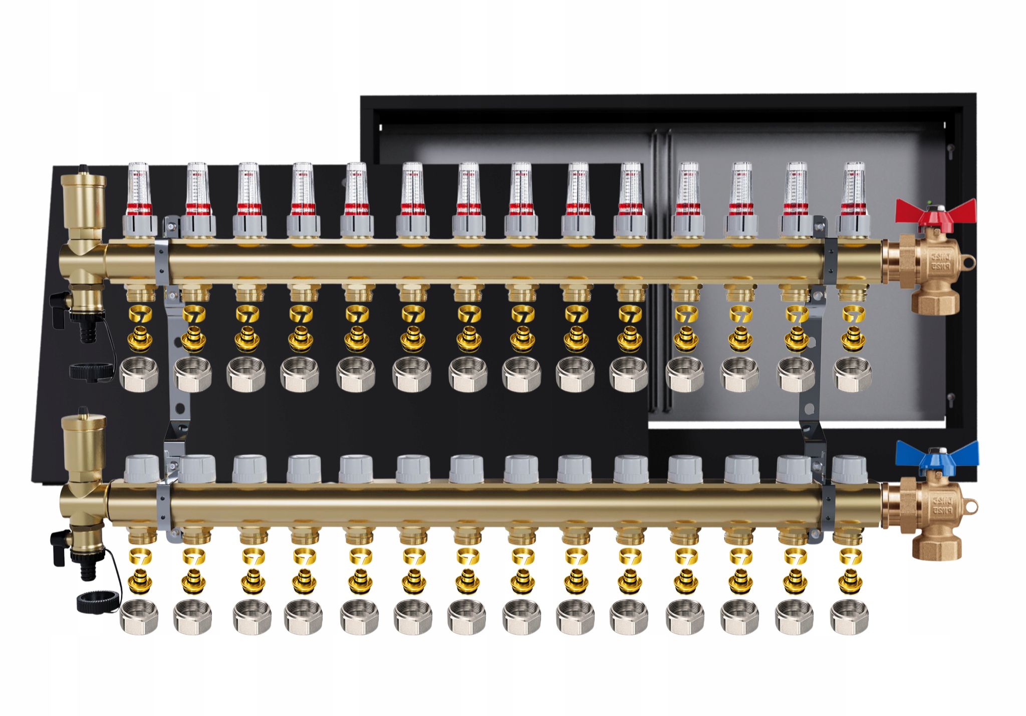 Rozdělovač mosazný podlahový 14 obvodů nástěnná skříňka černá Pex