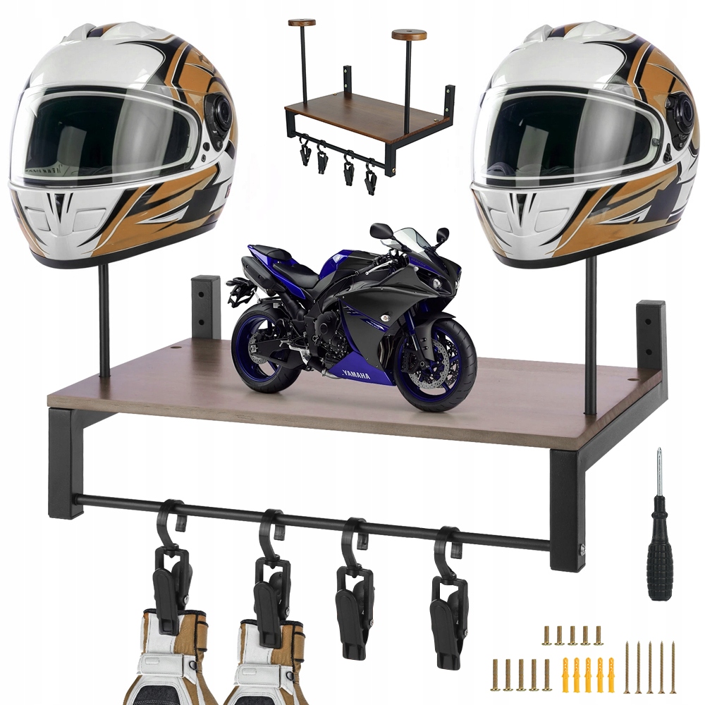 Nástěnný věšák na přilbu a motocyklovou bundu s hákem na rukavice