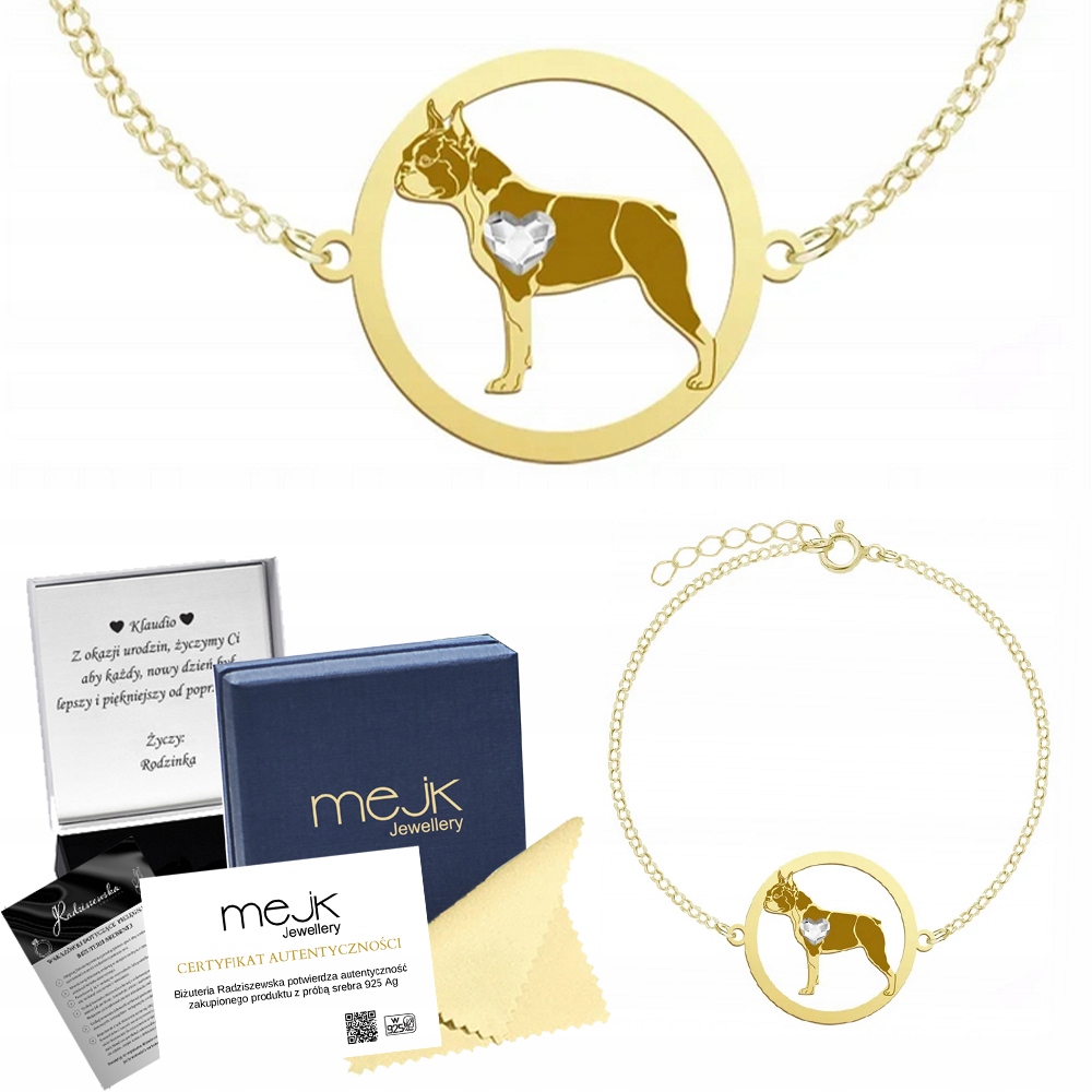 Zlatý náramek Boston Terrier 925 Dárek Šperky Gravírování Bonus