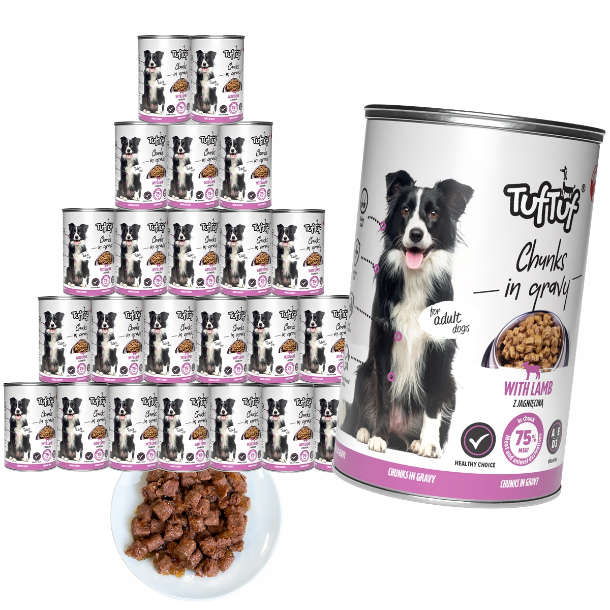 Levně Vlhké Krmivo Pro Psa TufTuf Plechové masové kousky s jehněčím masem 24x415 g