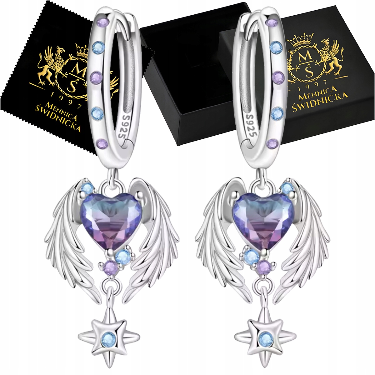 Stříbrné Náušnice 925 Křídla Srdce Zirkony Závěsné anglické zapínání