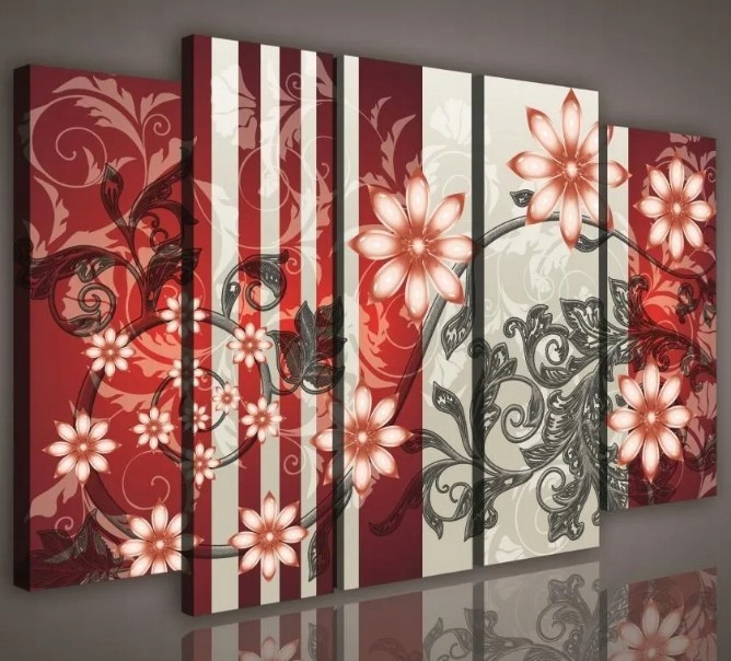 Obraz 150x100 Modulárny červený biely šedý kvety moderné vzory