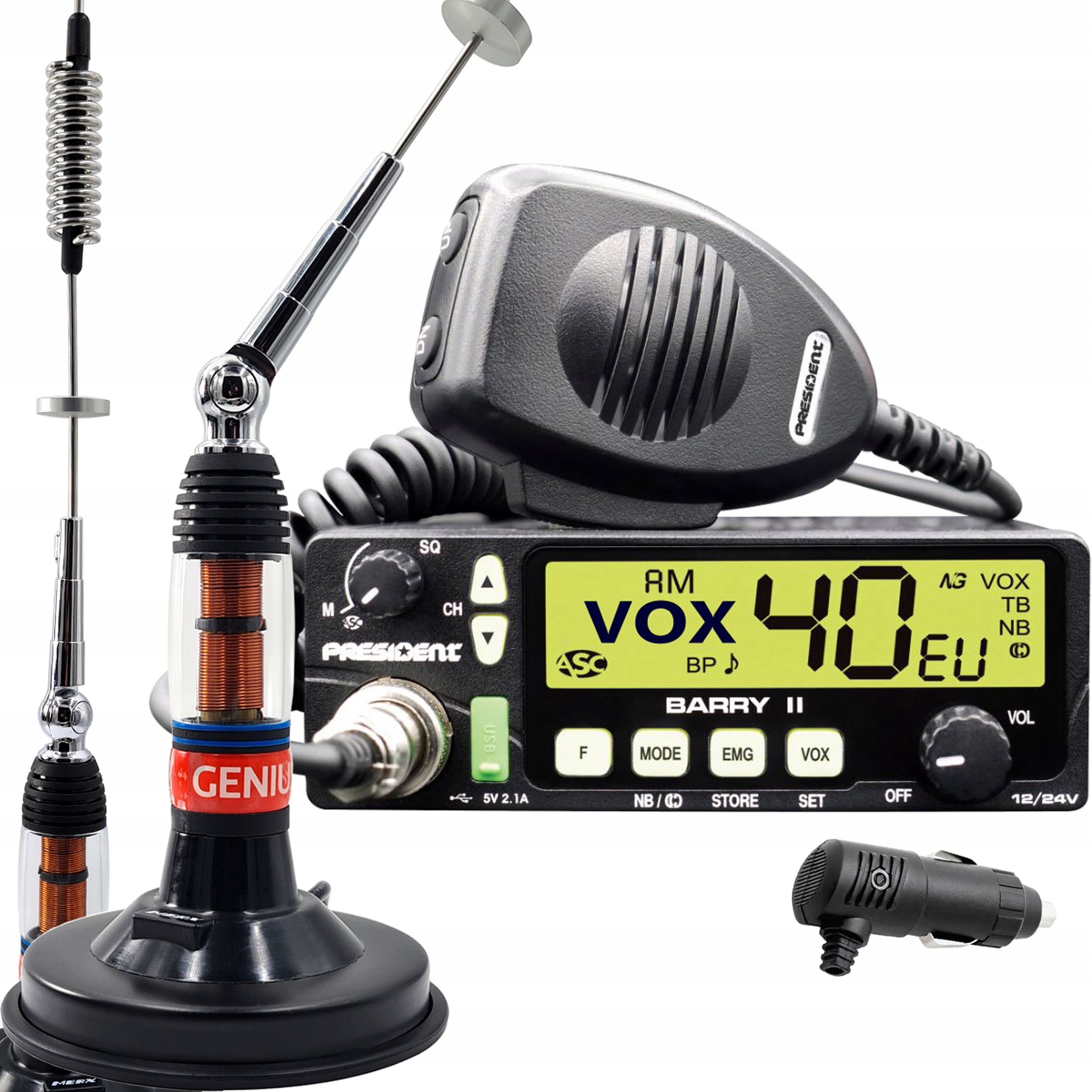 Cb sada President Barry II Asc 12/24V Vox anténa 80 cm s podstavcem 120 mm