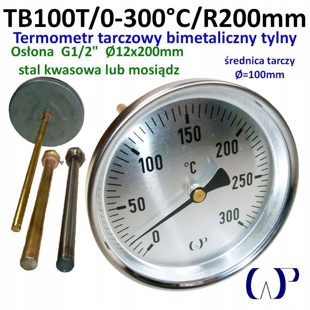 Bimetalický kotúčový teplomer TB100T 0-300°C s kyslou clonou G1/2" 200 mm