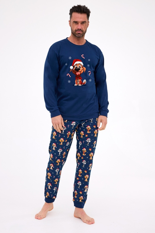 Pánské pyžamo Cornette Dog – vánoční, modré, bavlna, pohodlné