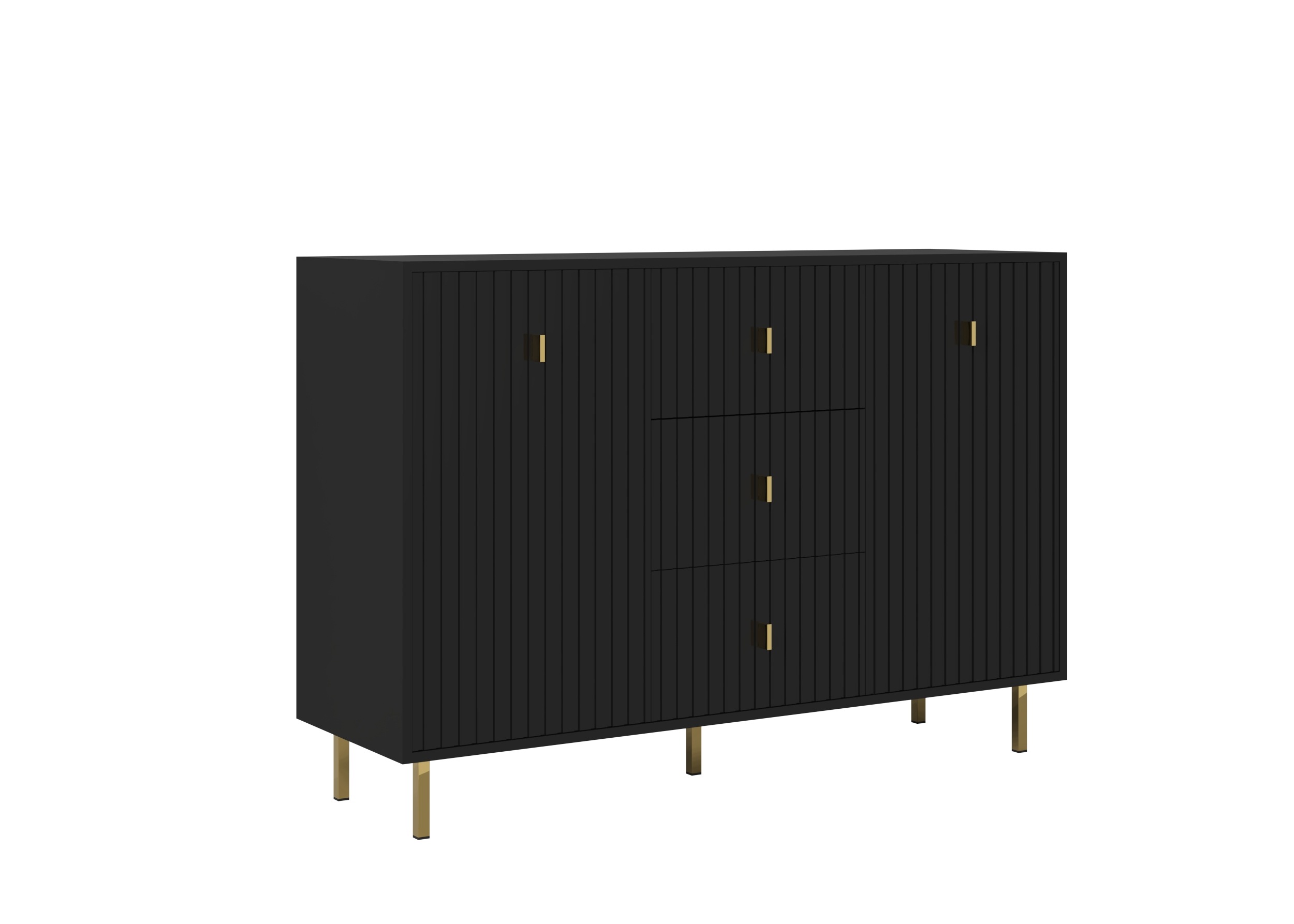 Komoda Piano 2 dvířka 3 zásuvky Černá Ryflovaná Přední část Zlaté Nohy 130 cm
