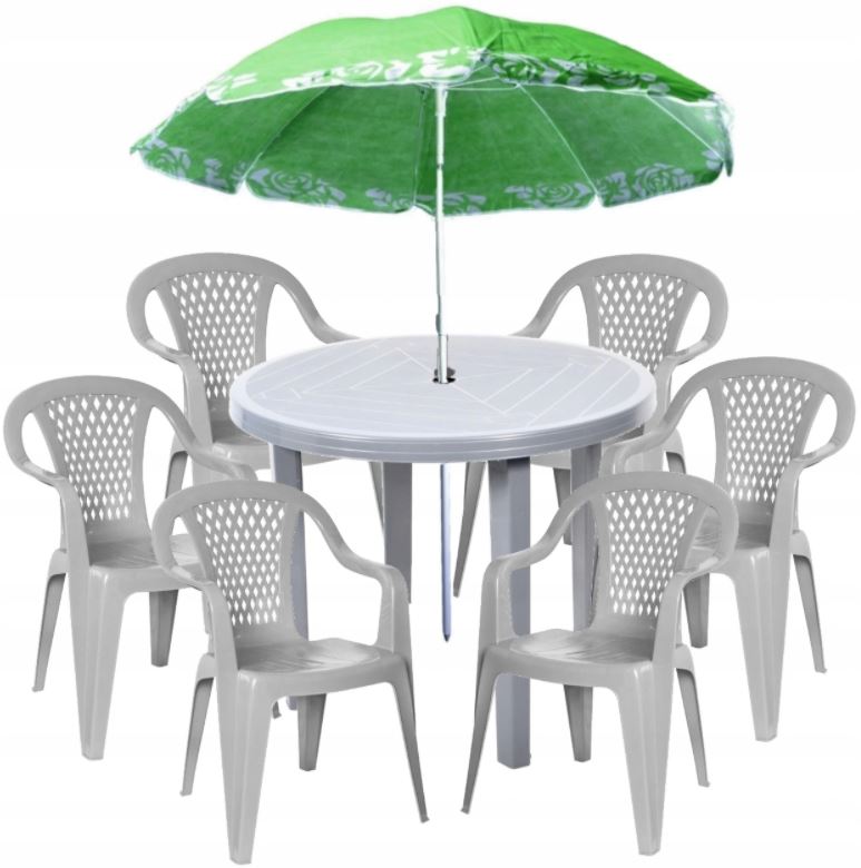 6+1 ZESTAW PLASTIKOWY KRZESŁA STÓŁ PARASOL SZARY