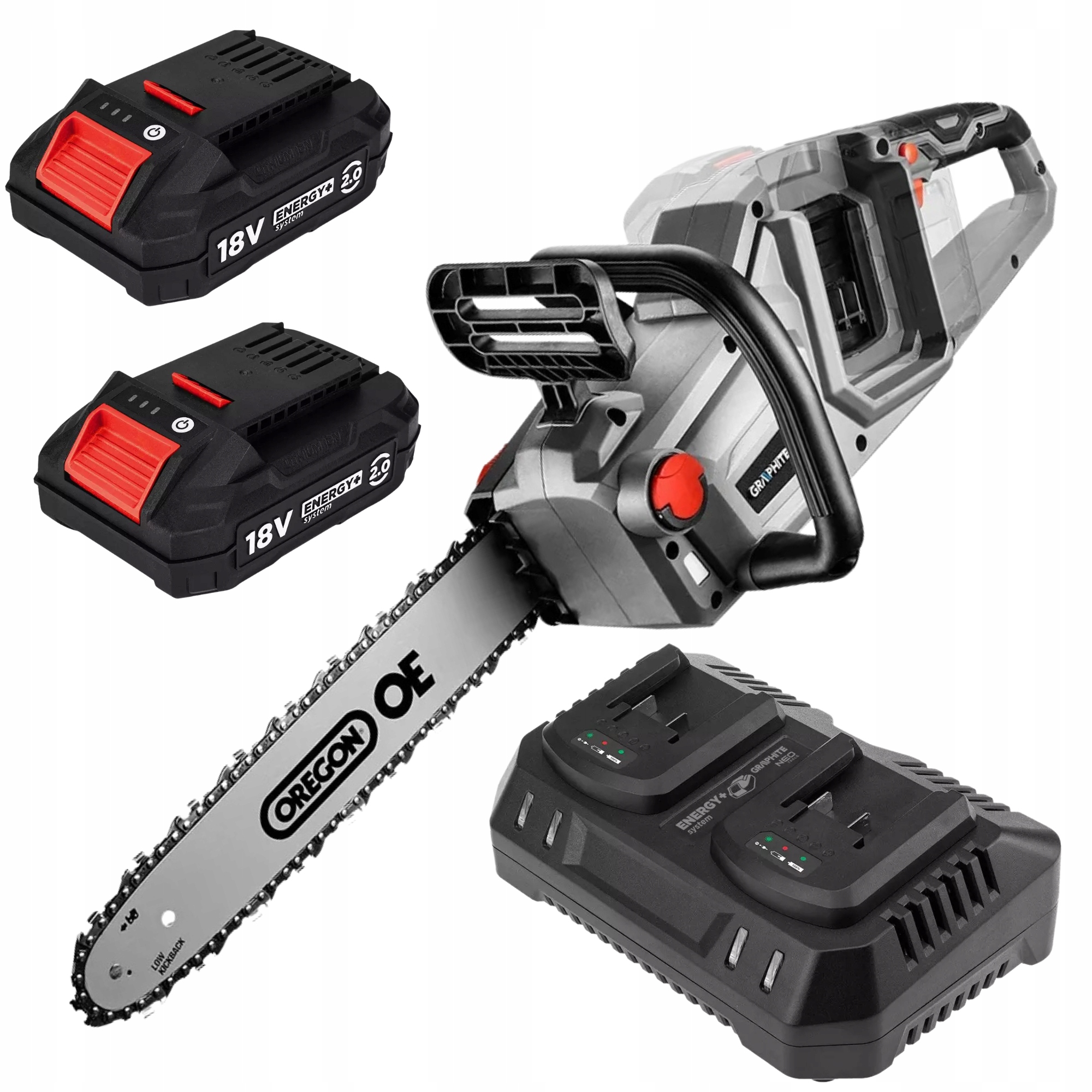 Pilarka Piła Łańcuchowa Mocna 36V 2x Akumulator 2 Ah Ładowarka Graphite