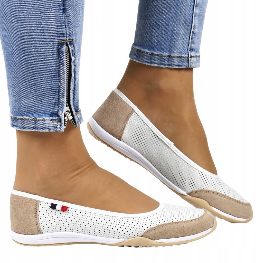iButy DAMSKIE SKÓRZANE BALERINY AŻUROWE PÓŁBUTY SPORTOWE BIAŁO BEŻOWE MODNE