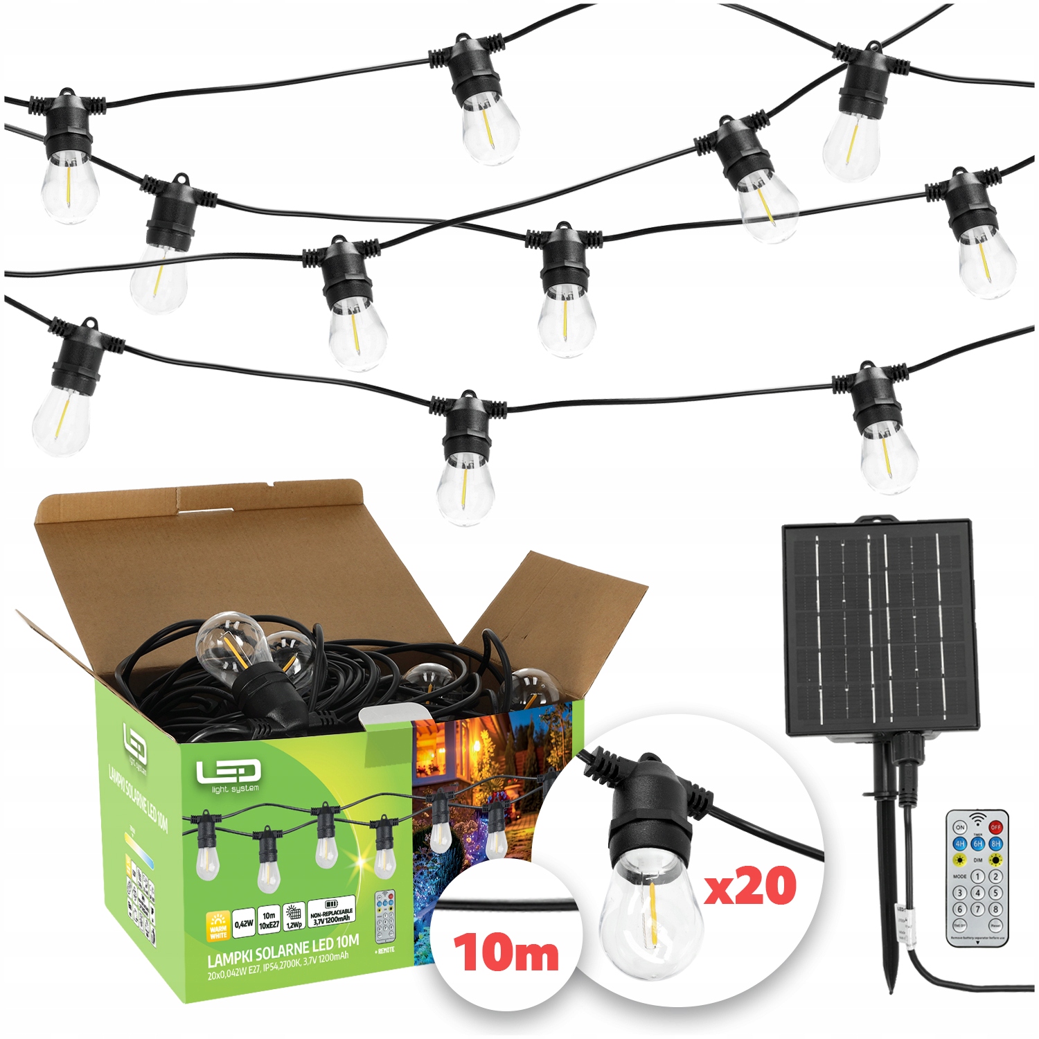 Solární zahradní girlanda Solární lampy 20x Led žárovka na balkon 20 m