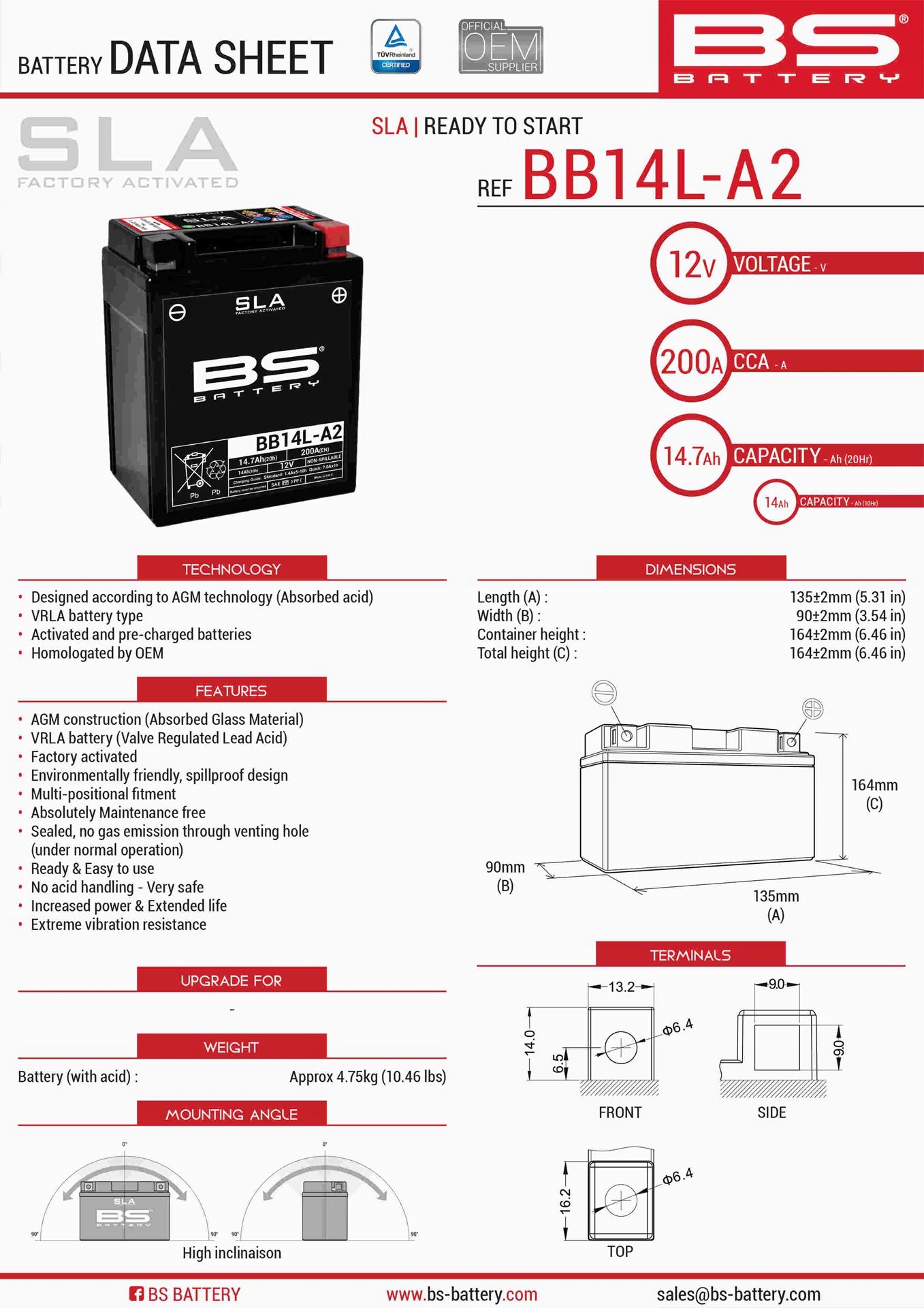 Bs Batéria BB14L-A2 (fa) (YB14L-A2,YB14L-B2) 12V 14AH 135X91X167 Bezobselový