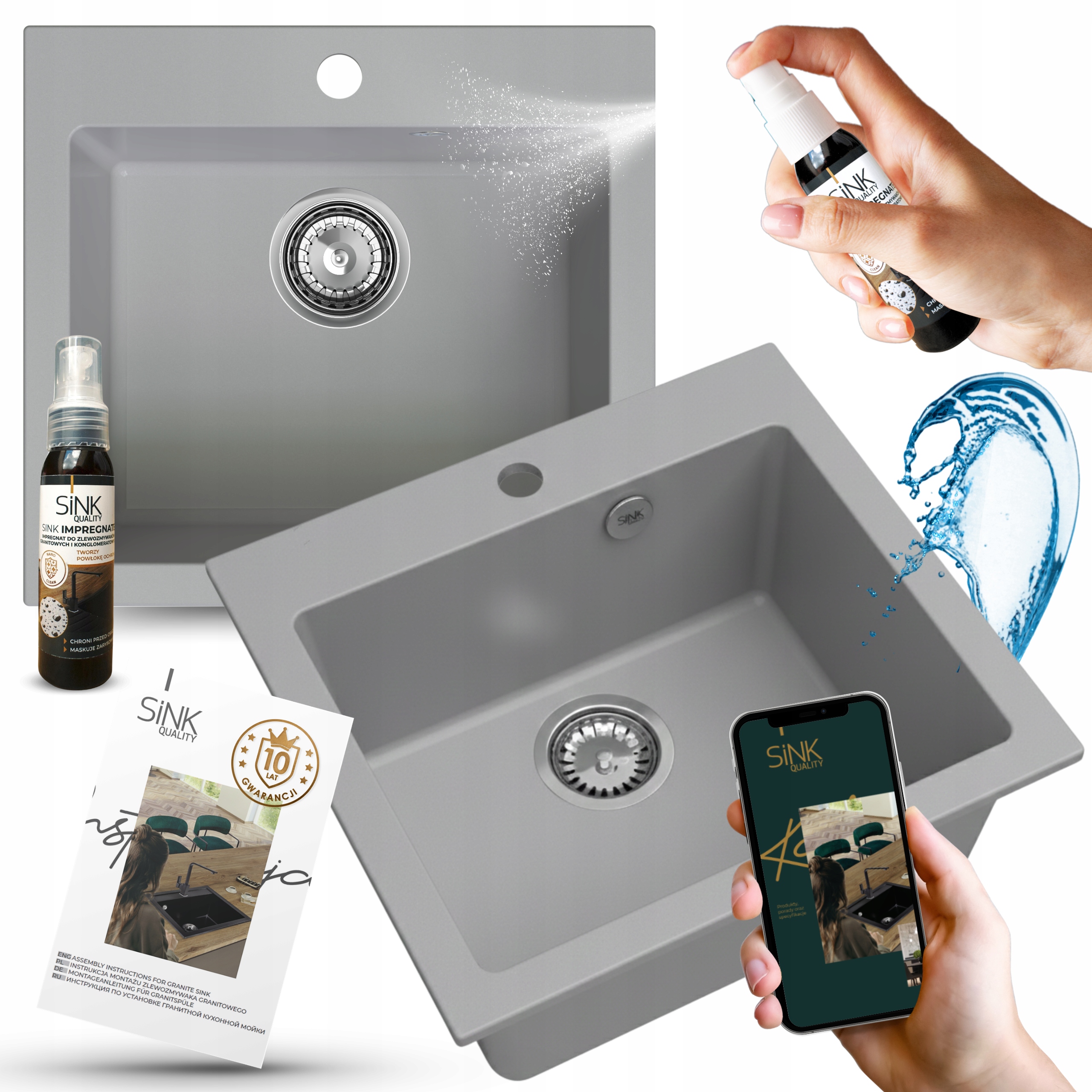 Dřez Dřez Šedý Jednokomorový do skříňky 50 cm Sifon 8v1