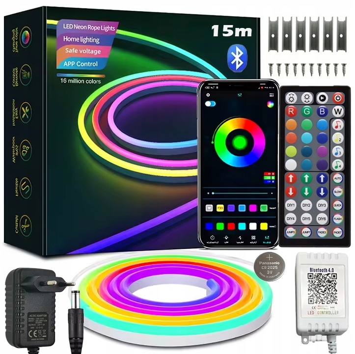 Led Pásek Neon 15M (1x15) Aplikace Bluetooth Rgb Dálkový Ovladač IP67 24V Voděodolný