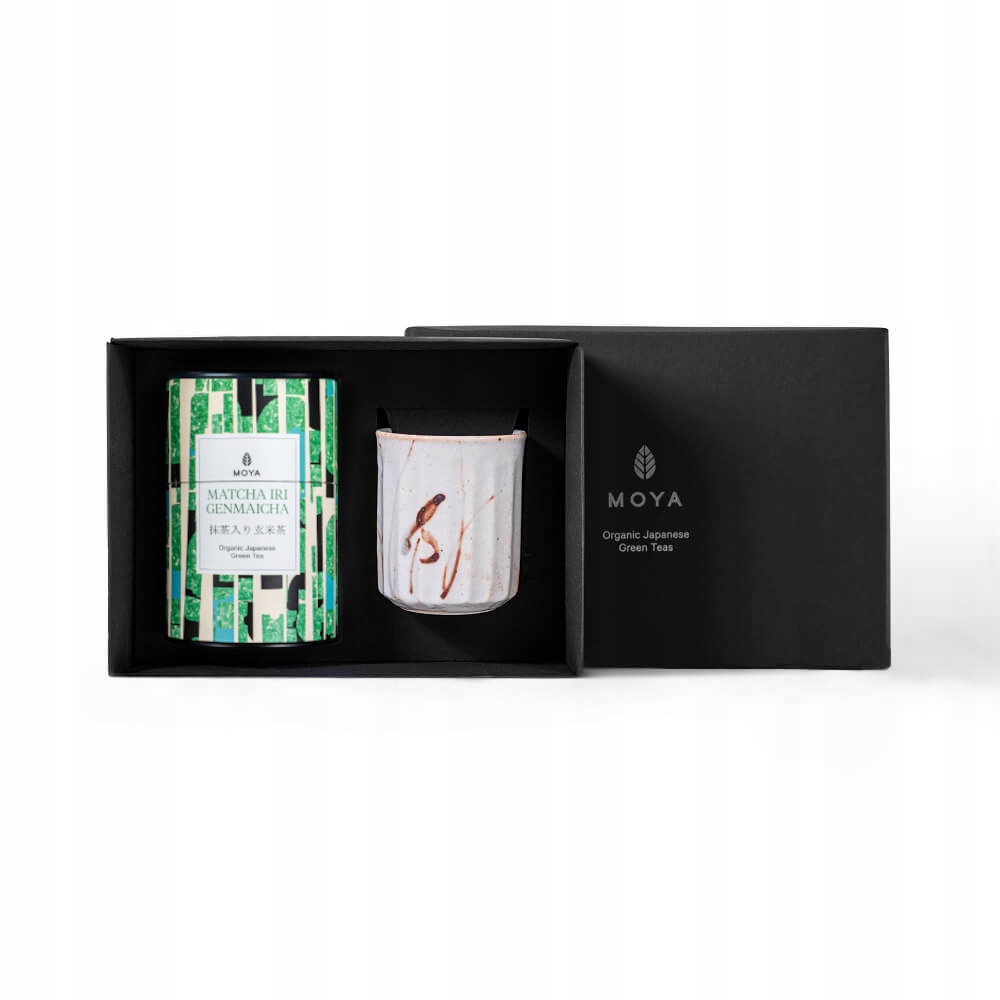 Levně Sada organického zelený čaj Moya Matcha Iri Genmaicha a hrnku Sato