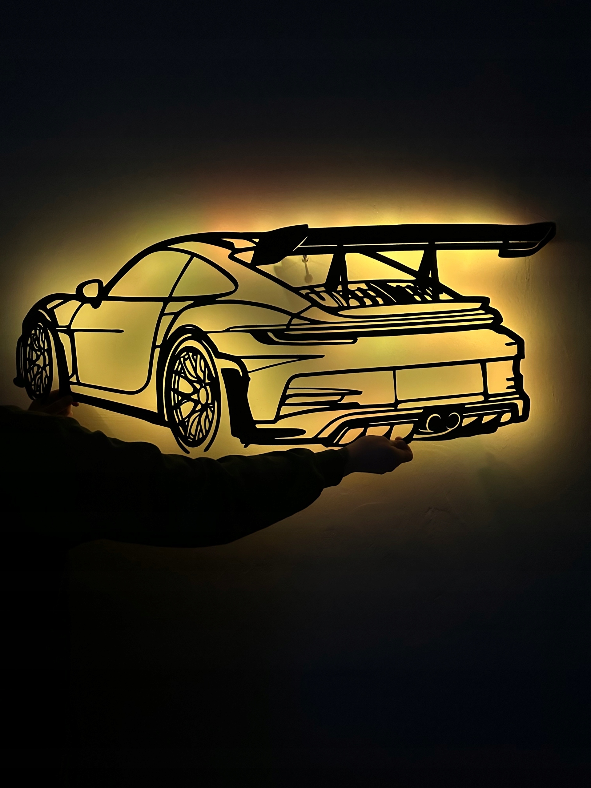 Dřevěný 3D obraz Porsche 911 line Nástěnný Dárek Noční Lampa Led XL