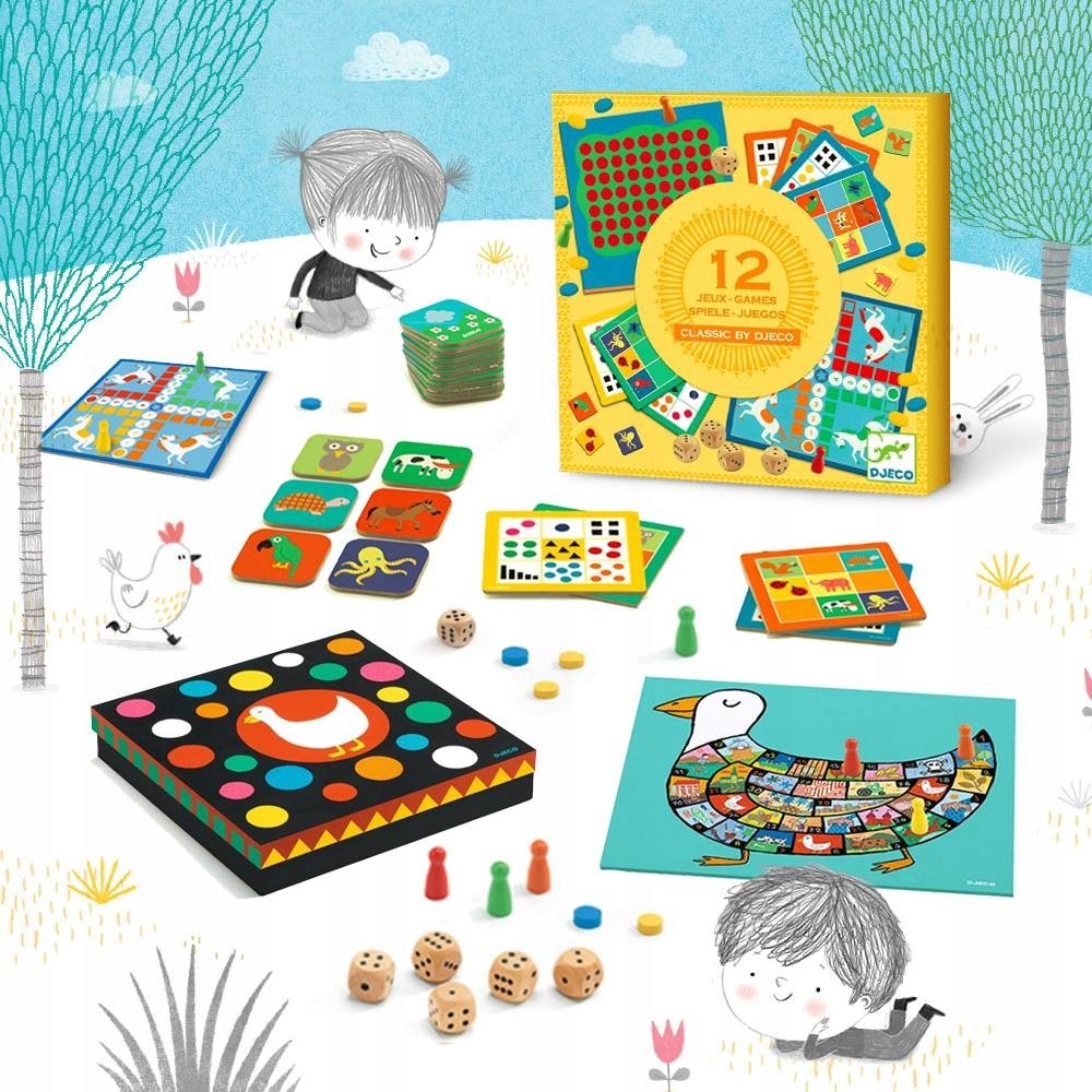 Djeco zestaw 12 gier planszowych Chińczyk Bingo loto kości Memory drabiny