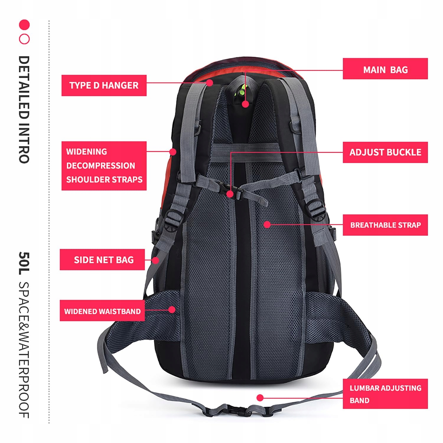 BSEASH 50L Lekki Wodoodporny Plecak Turystyczny Outdoor Czerwony — miniatura 8