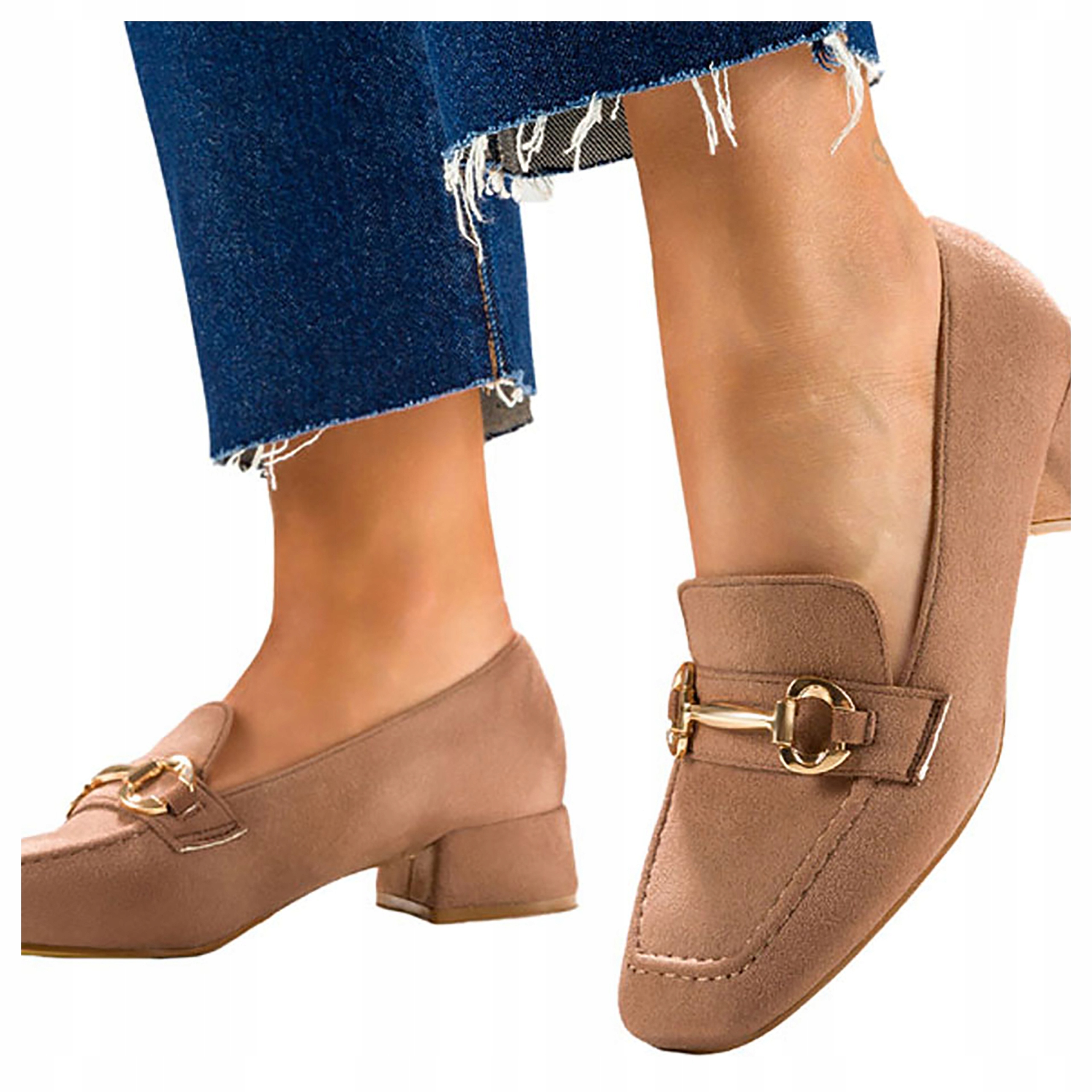 BEŻOWE MOKASYNY PÓŁBUTY NA OBCASIE KLOCKU OZDOBNA SPRZĄCZKA LEKKIE r 39