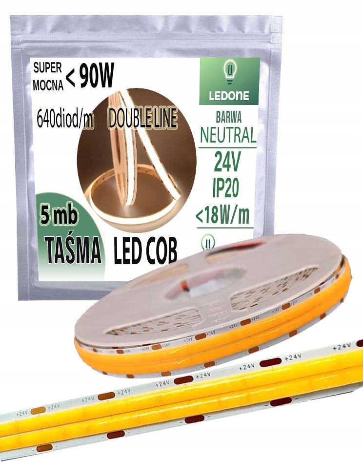Led Páska Cob 24V výkonná 18W/m 1800 lm/m Neon linka Double neutrální 5M