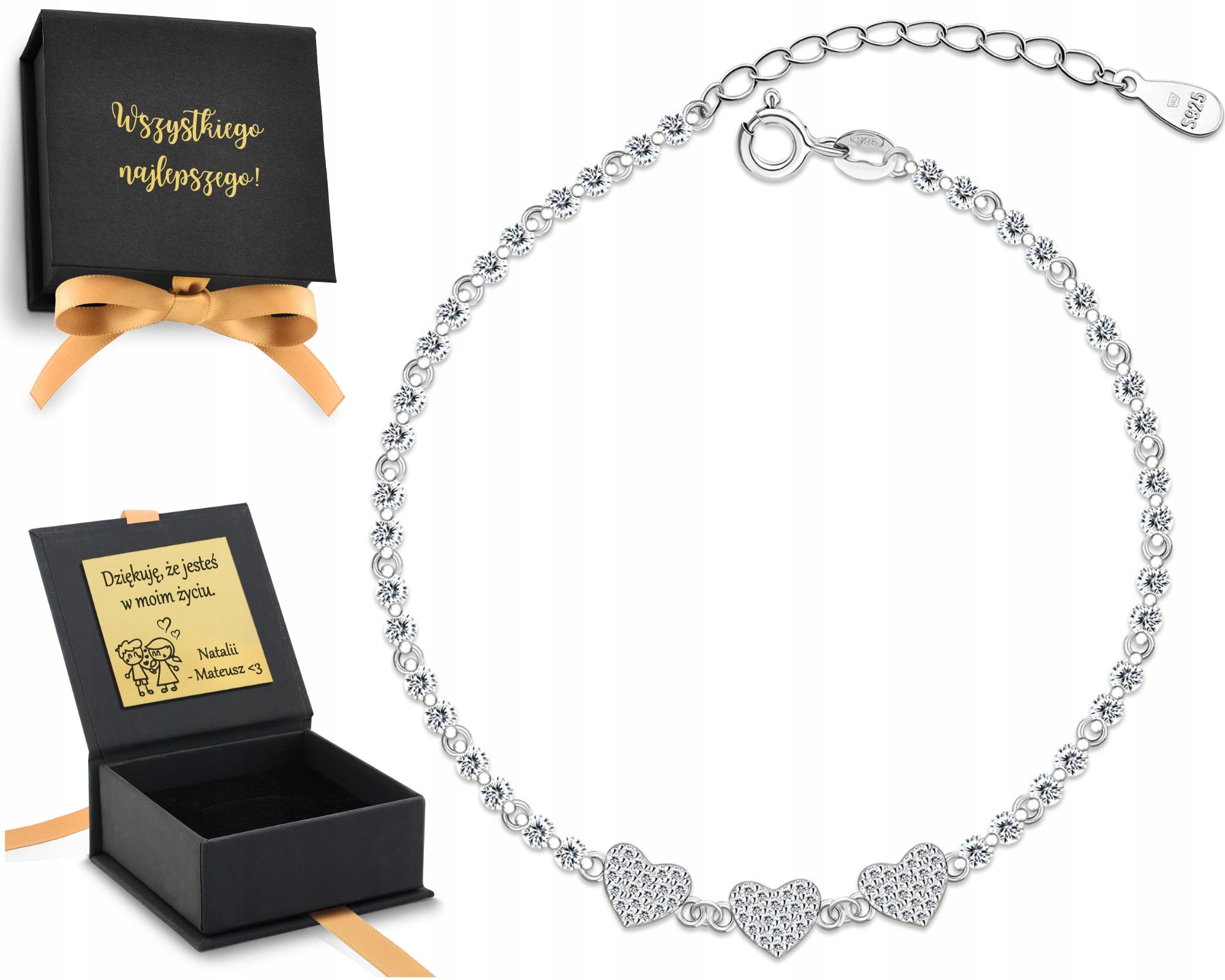 Stříbrný Dámský Tenisový Náramek Se 3 Srdíčky, Jemný, 925 Gravírování