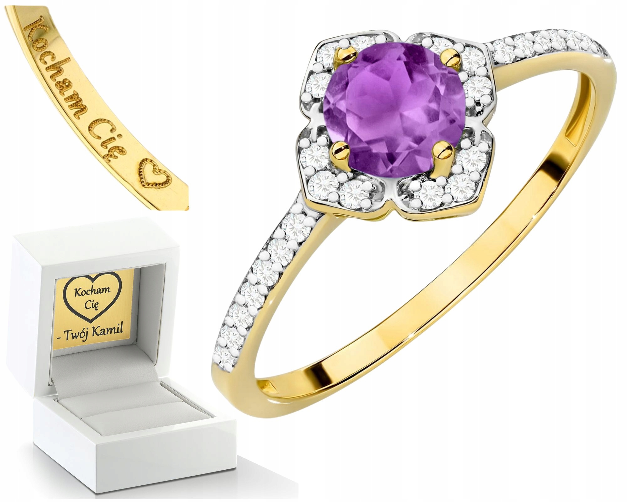 Prstýnek Prsten S Ametystem A Diamanty 585 14K Zlato Jako Gravírování S Dárek