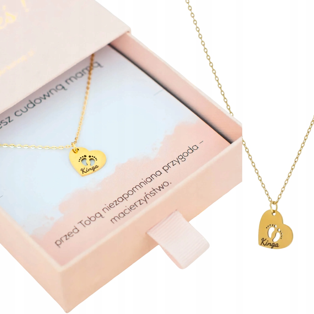 Złoty naszyjnik stal chirurgiczna złote serce stópki dziecka grawer