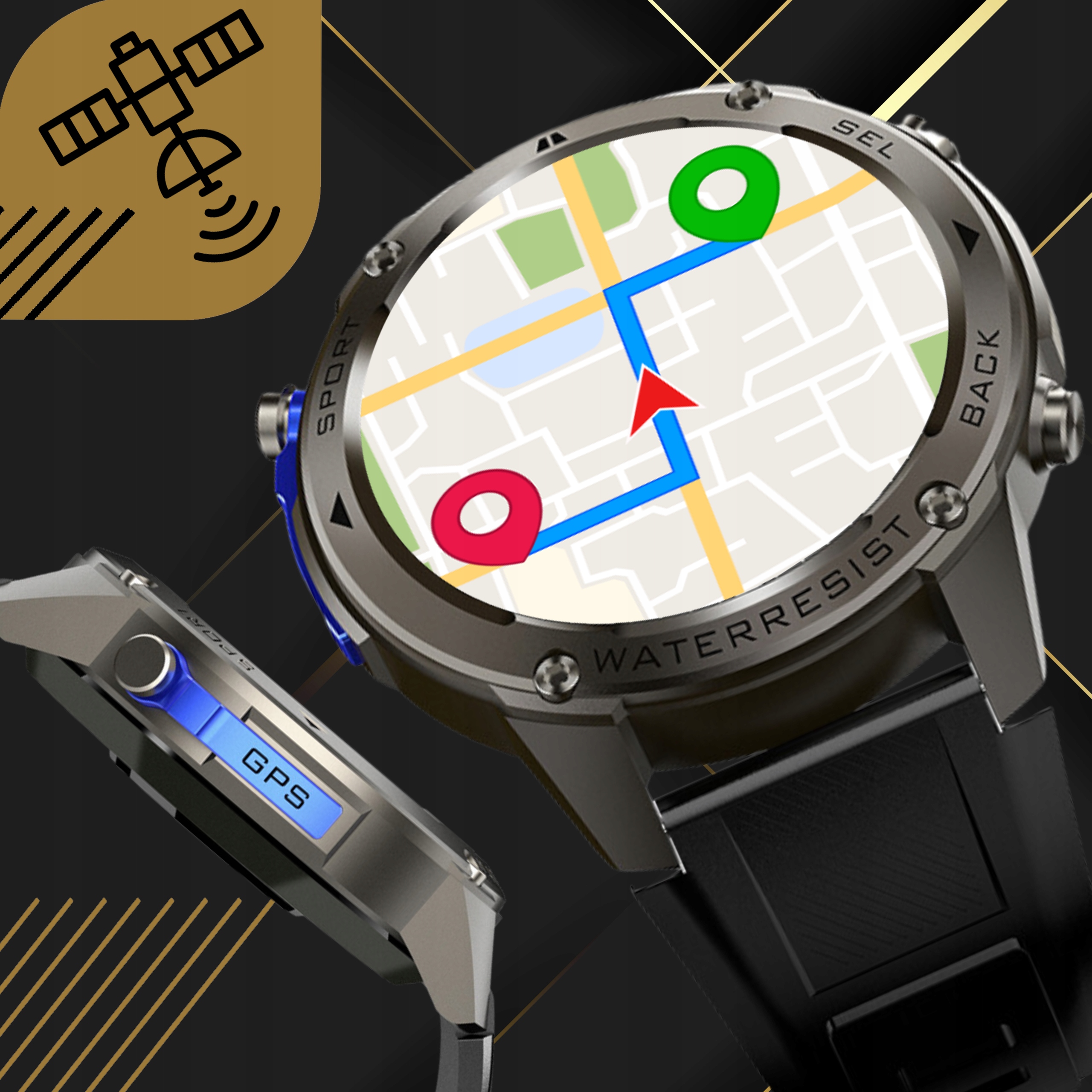 SMARTWATCH MĘSKI GPS ZEGAREK WODOODPORNY IP69K MENU PL ROZMOWY AMOLED SPORT Materiał paska stal