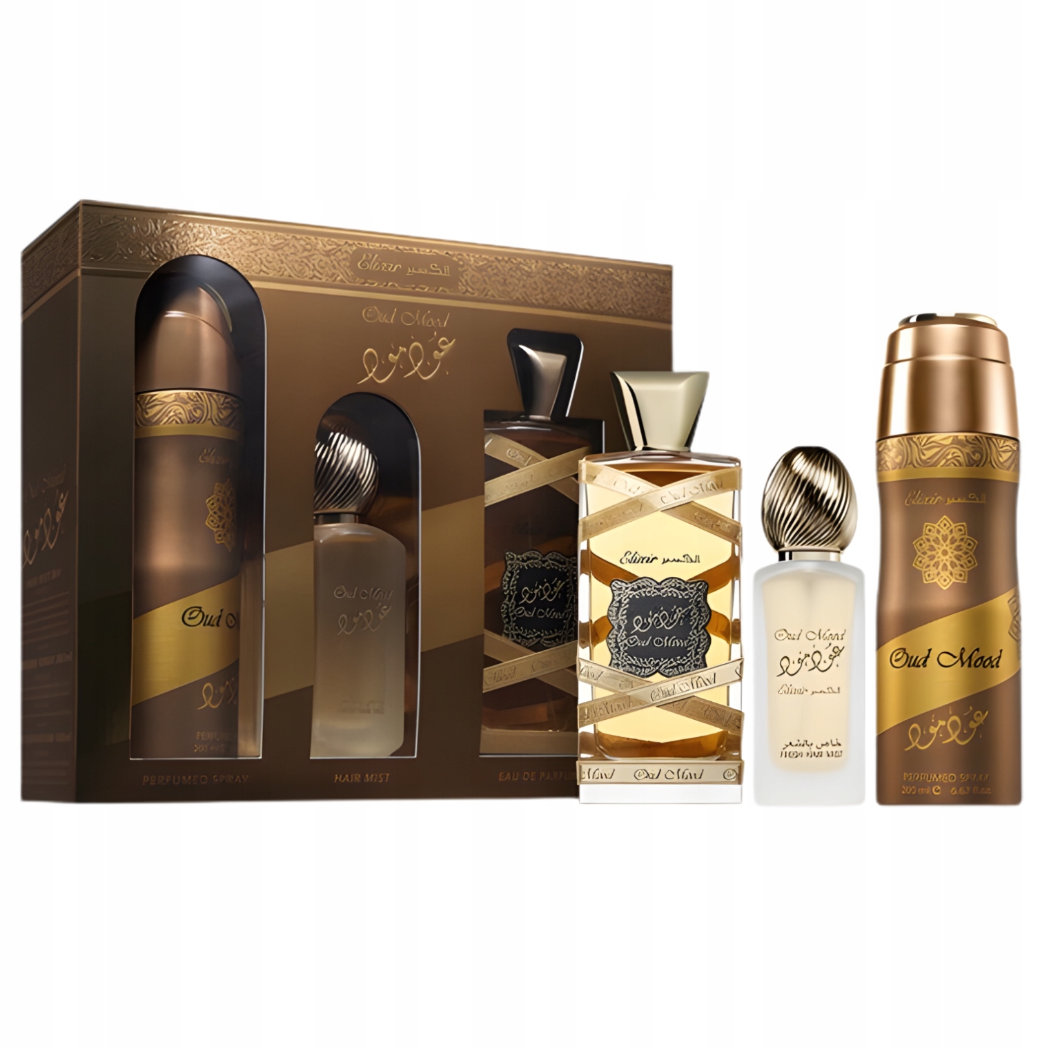 ZESTAW LATTAFA OUD MOOD ELIXIR 100ML EDP 200ML DEO 50ML SPRAY DO WŁOSÓW