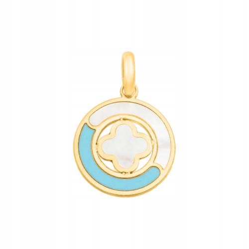 Kulatý zlatý pr 585 přívěsek vyplněný tyrkysovým smaltem a perleťovou hmotou