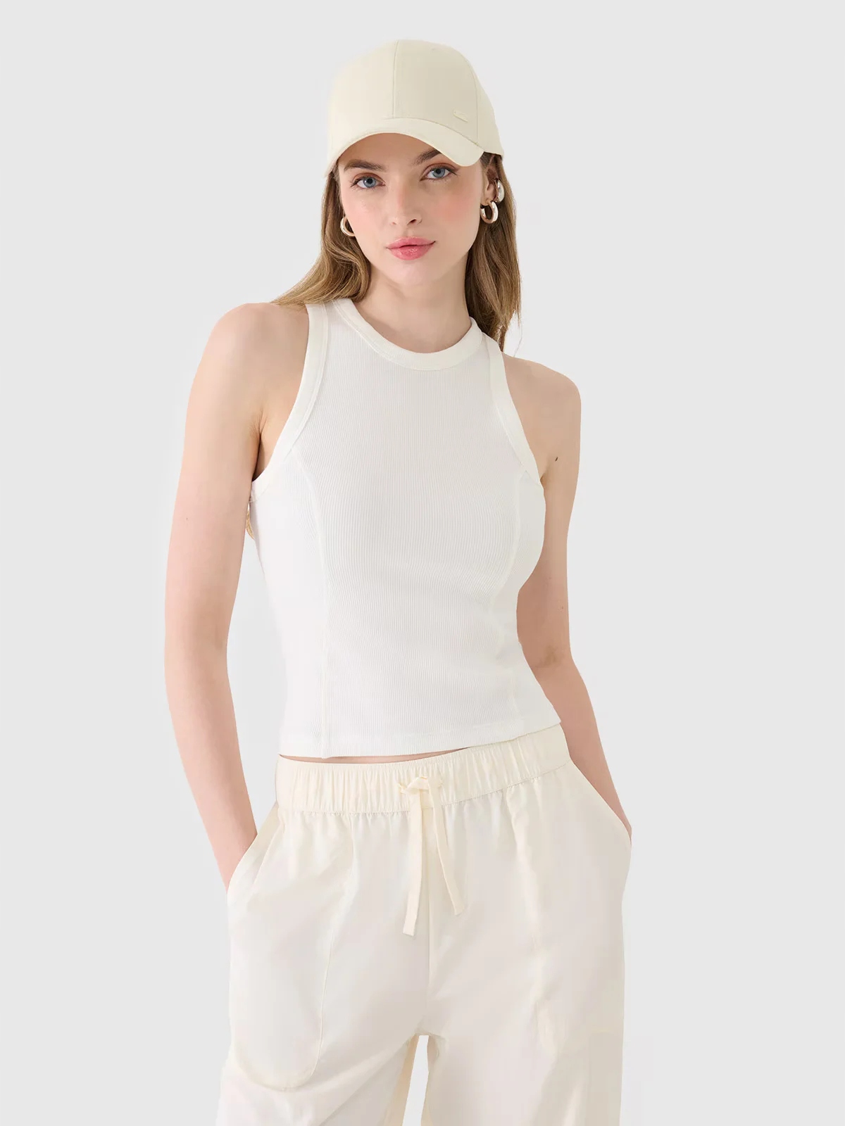 4F top slim damski biały prążkowana dzianina, Xs