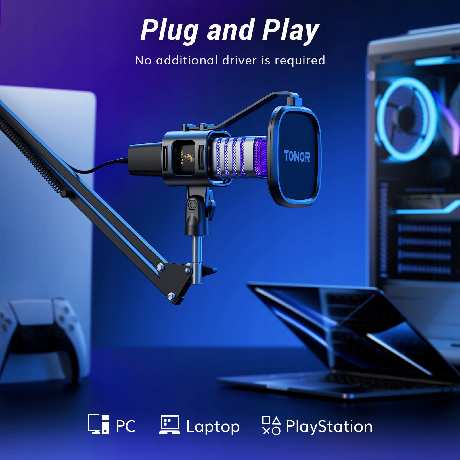 TONOR Gaming USB Mikrofon RGB do Streamingu Podcastów i Gier na PC PS4 PS5 — miniatura 4
