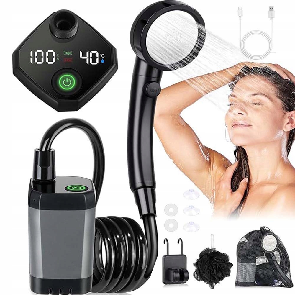 Přenosná Kempingová Sprcha Led Obrazovka 2M Hadice Akumulátor IPX7 Pro Kempování