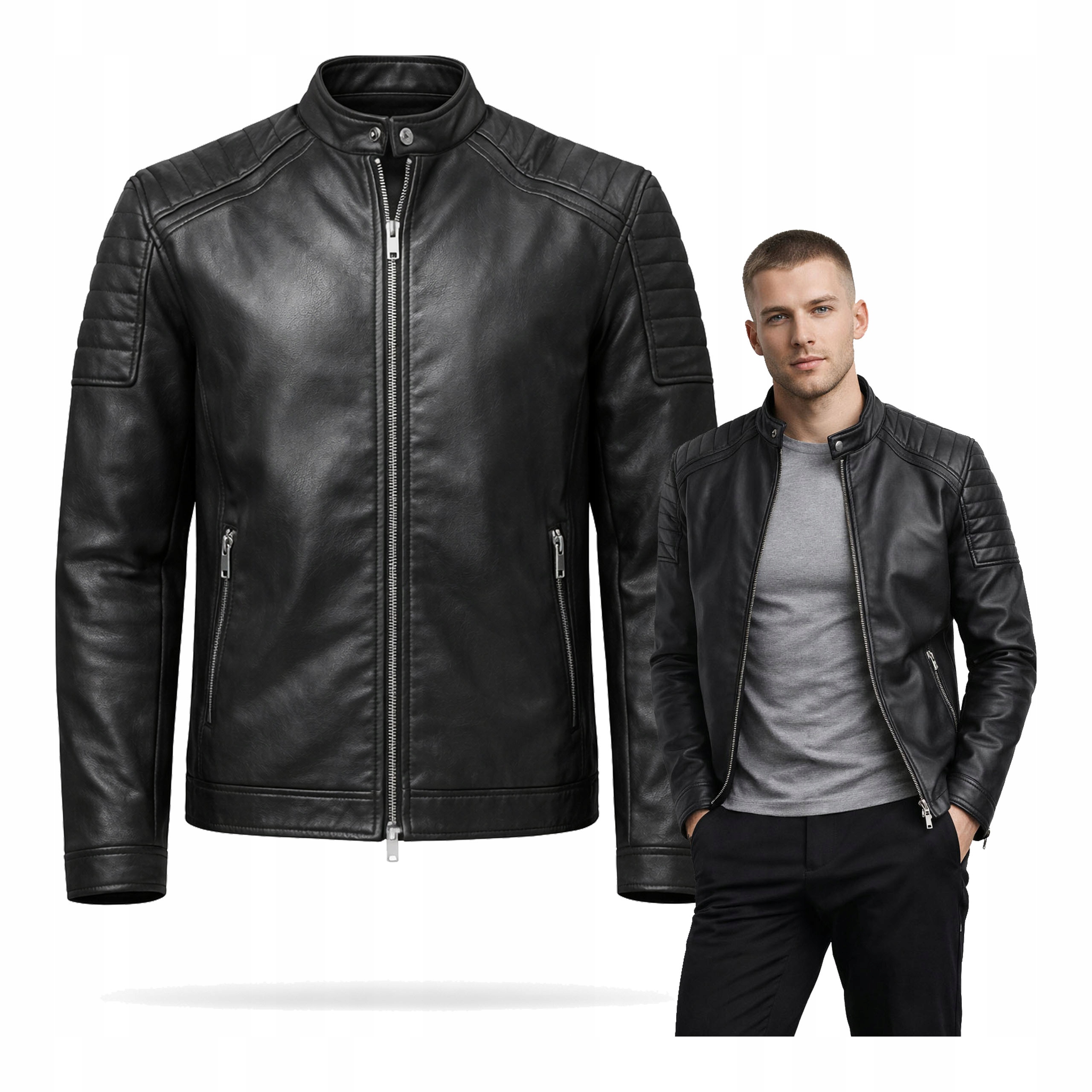 Pánská kožená bunda Biker se stojáčkem Černá Jaro/Podzim Kapsy M