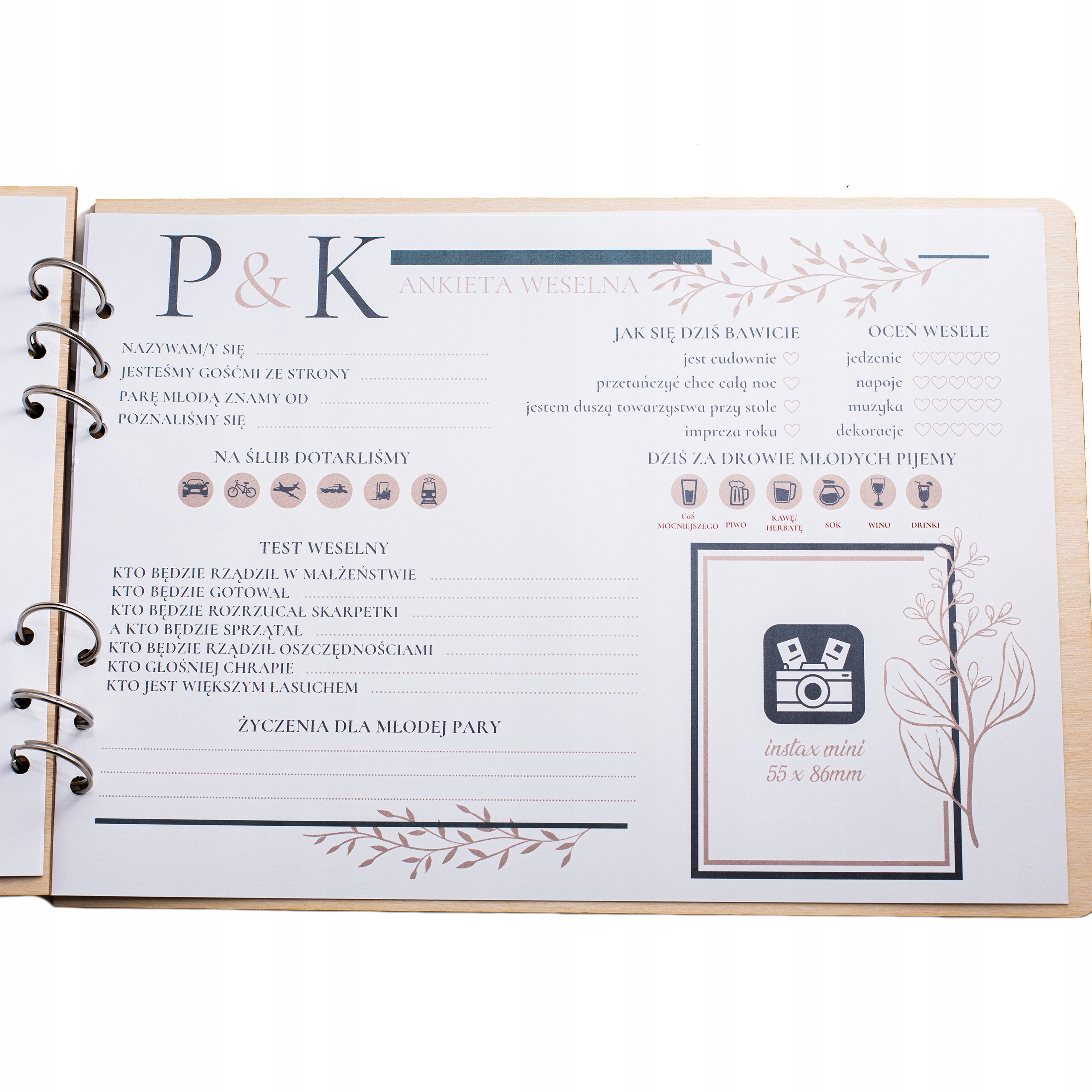 KSIĘGA GOŚCI Z ANKIETAMI NA ŚLUB WESELE DREWNIANA PERSONALIZAWANA PAMIĄTKA Waga produktu z opakowaniem jednostkowym 1 kg