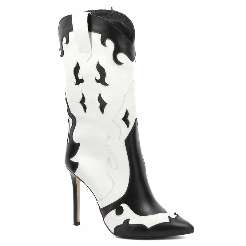 Carinii B9360 Kozačky Kovbojské Boty Kůže Lico Černé Bílé 38