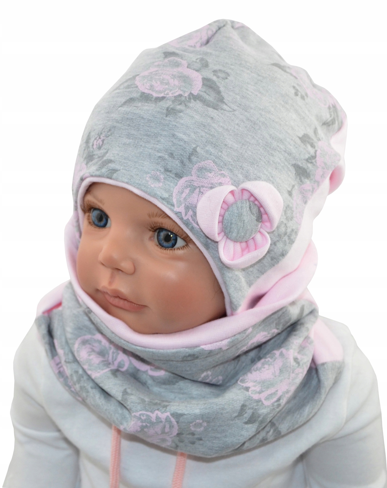 

wiosna wiązana czapka i komin 44-47cm róże szare
