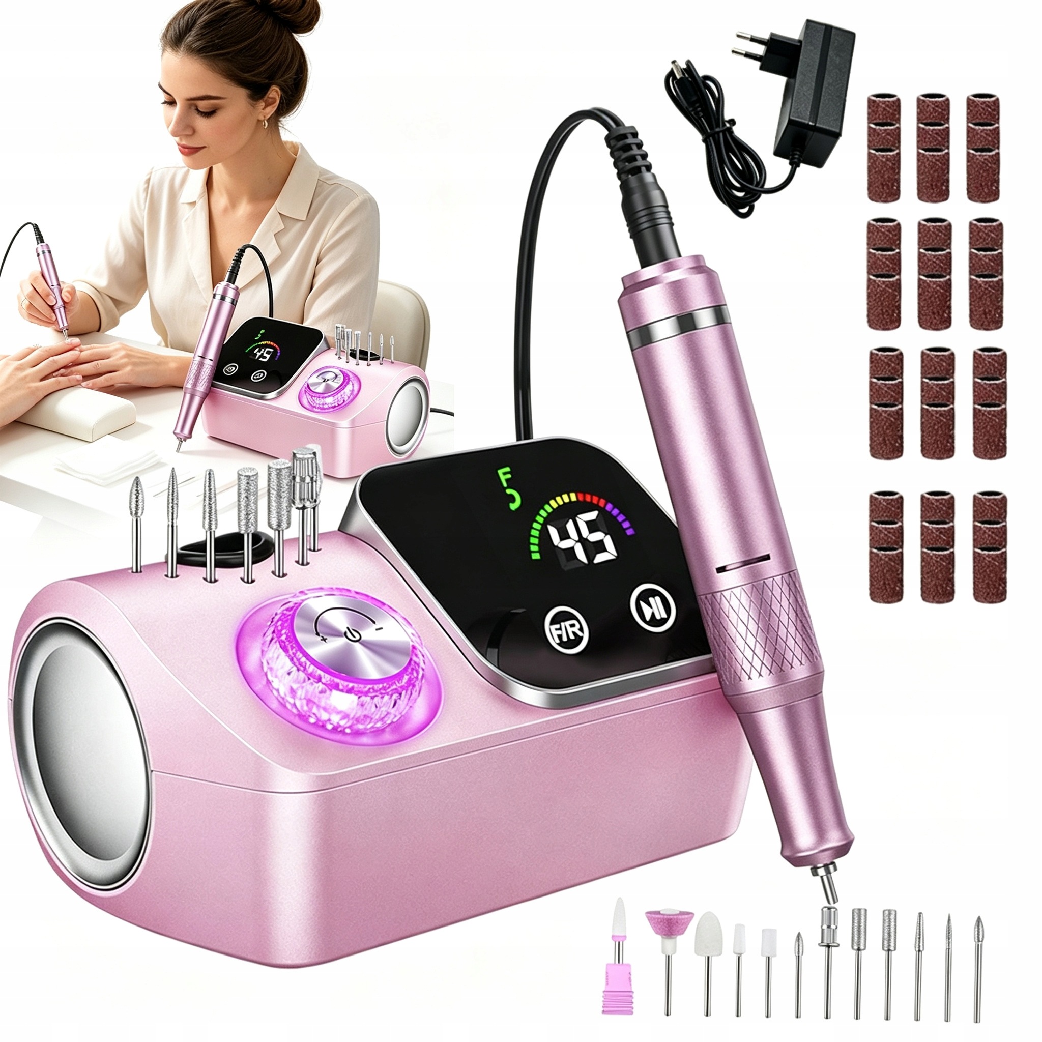 Bruska Na Nehty Manikúra Pedikúra 45000 Rpm Růžová LCD Frézy Salon