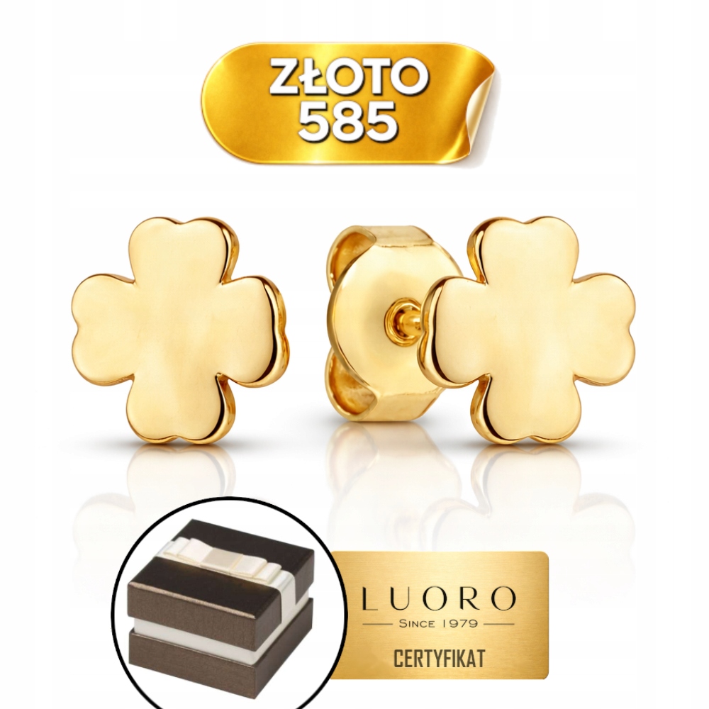 Náušnice Zlaté 585 14K Čtyřlístek 8 MM Žluté Zlato Elegantní Tyčinka