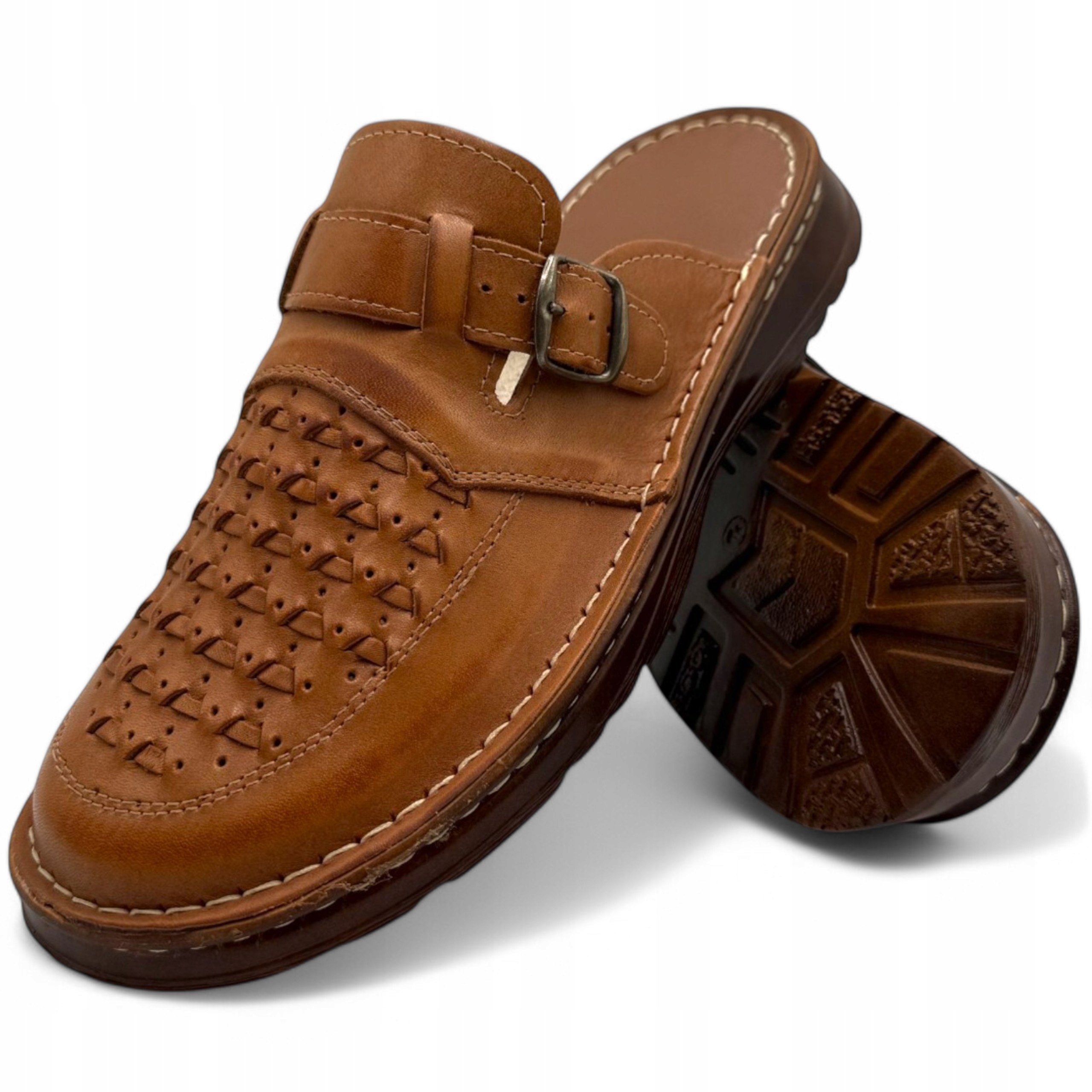 Klapki Męskie Skórzane Brązowe ze Skóry Naturalnej Klasyczne Polskie letnie