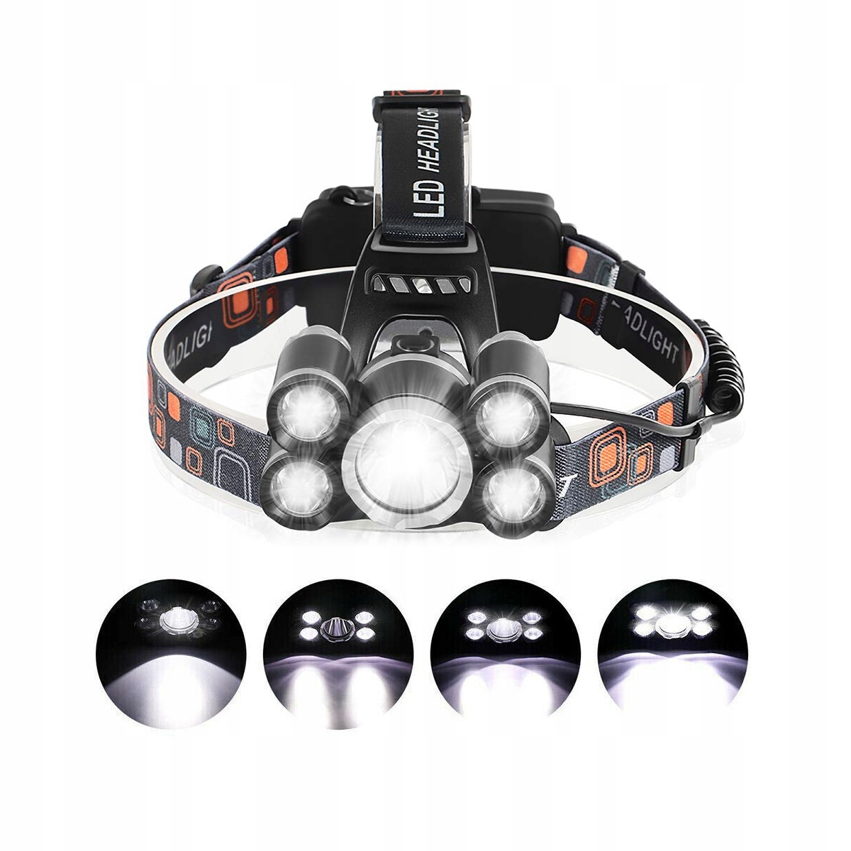 MOCNA LATARKA CZOŁOWA 5x LED CREE XM-L T6 CZOŁÓWKA REGULOWANA Kolor dominujący czarny