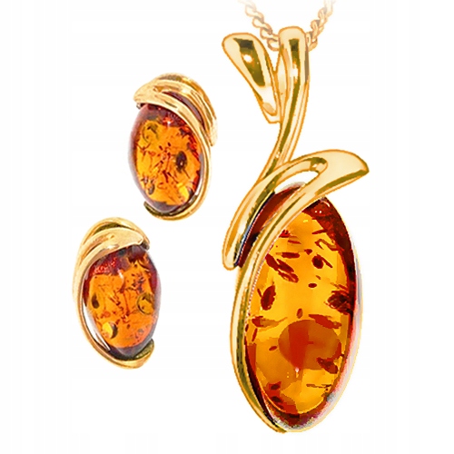 Zlatý Komplet šperků s originálním Jantarem stříbro Ag 925 Pozlacený