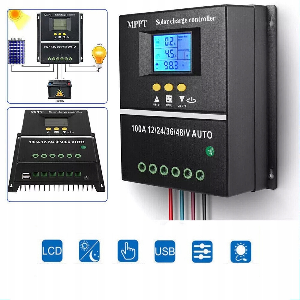 Solární regulátor nabíjení 100A Mppt&pwm, kompatibilní 12V/24V/36V/48V, 4000W