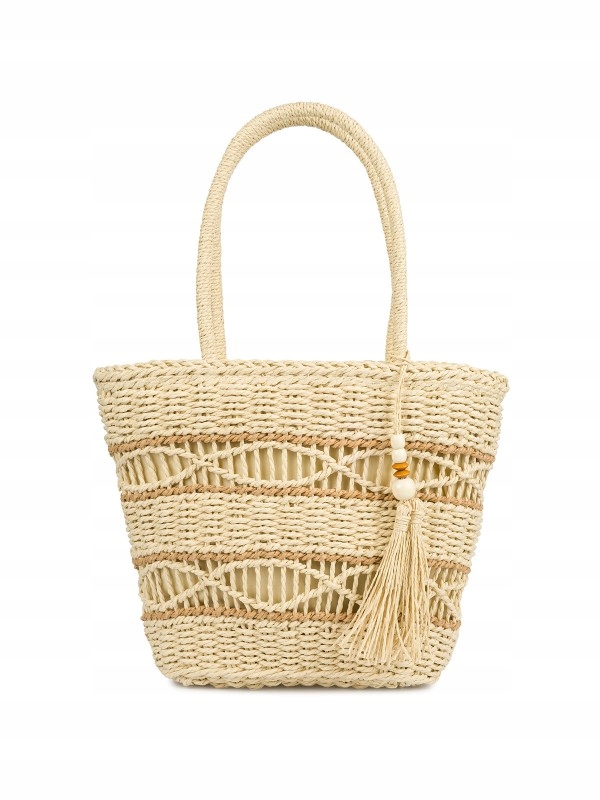 BEŻOWA TOREBKA PLAŻOWA PLECIONA KOSZYK BOHO TORBA USZTYWNIANA