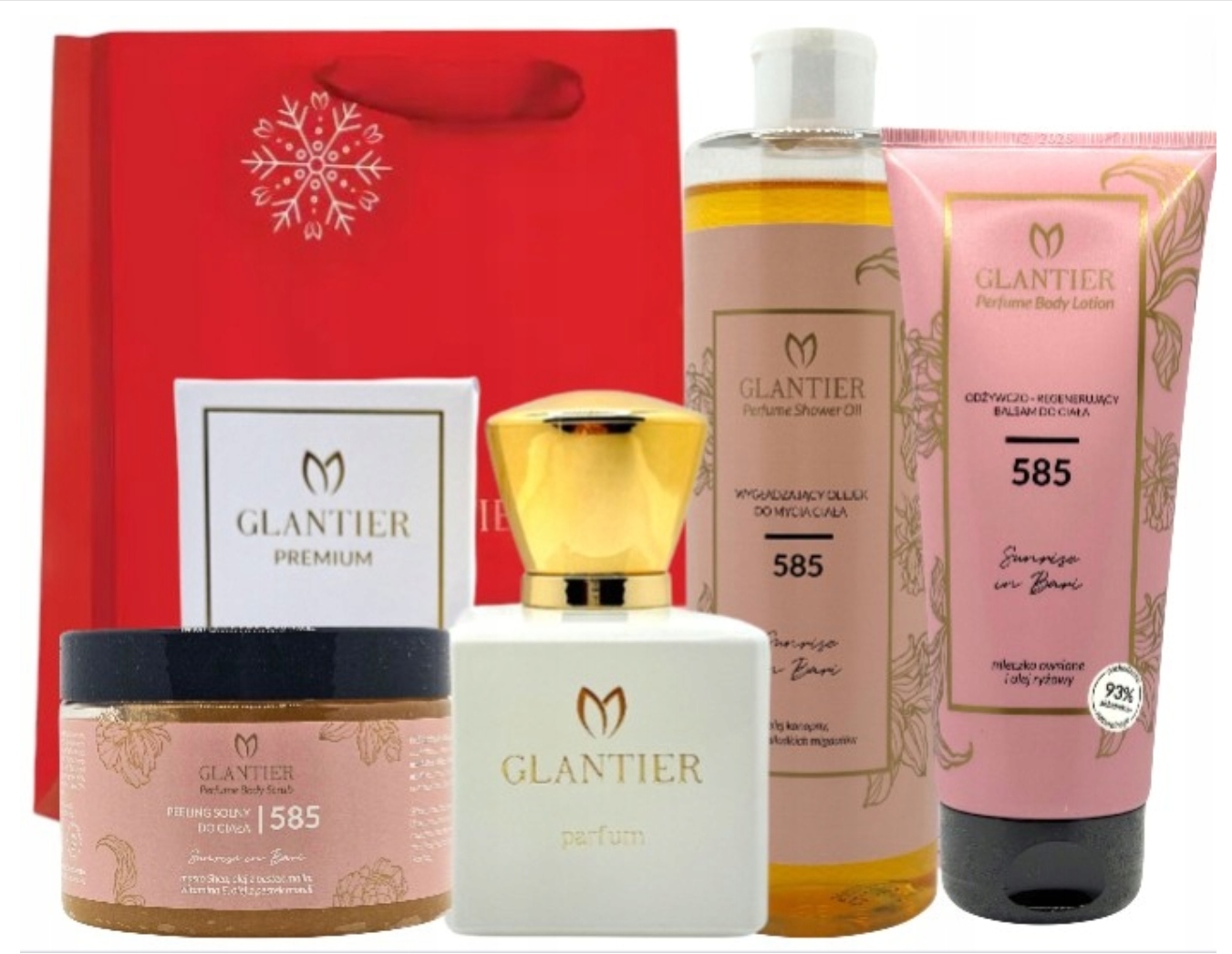 Glantier 585 Sada 4_1: Parfém Premium _Olejek_Balsam _Scrub_Taška